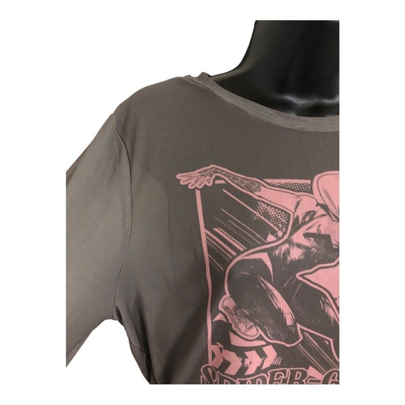 Marvel’s Spiderman Gwen olive green brown pink graphic print sheer mesh top sz L - Picture 6 of 16
